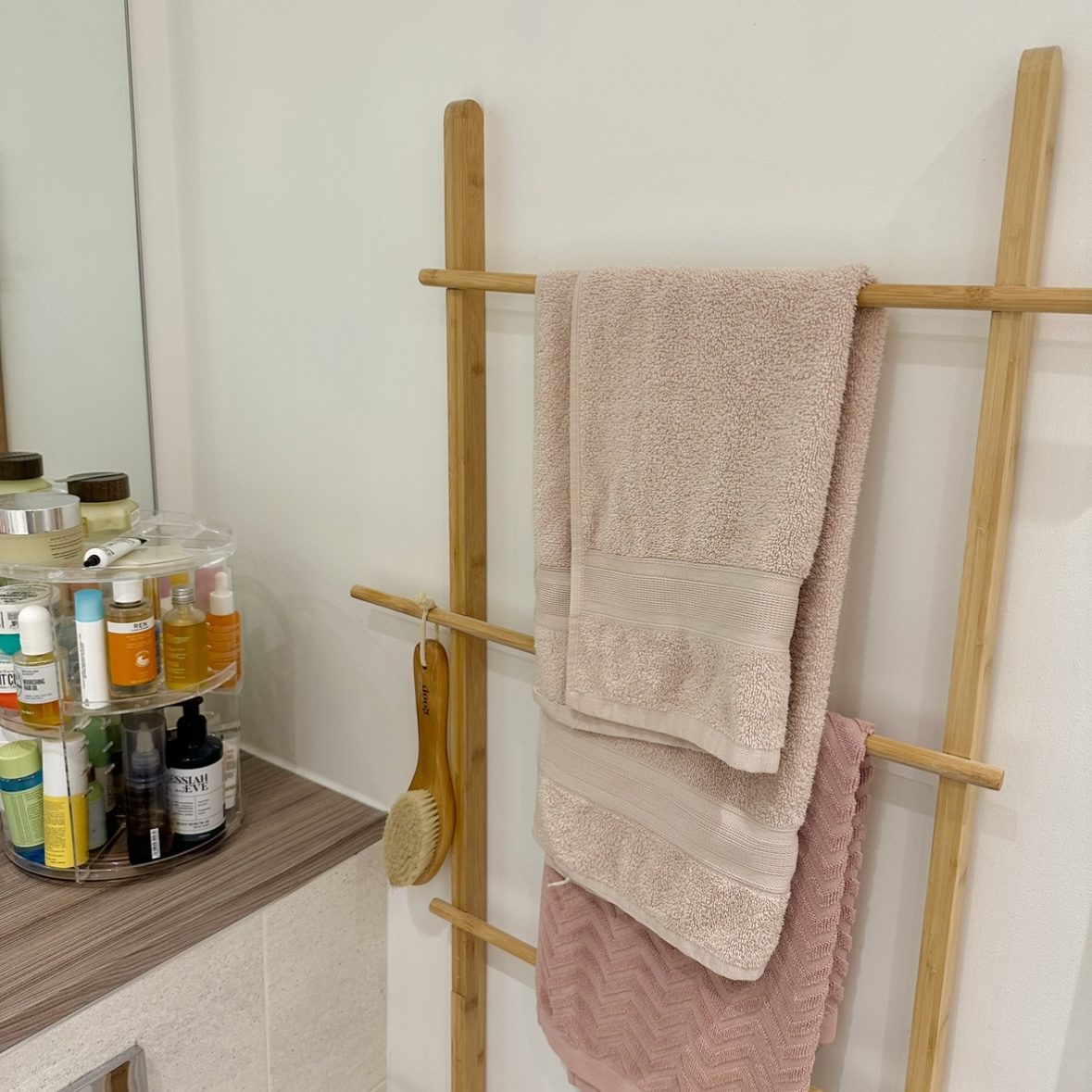 Storage ladder in bathroom.